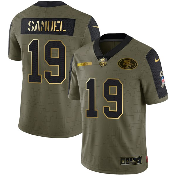 Men's San Francisco 49ers #19 Deebo Samuel 2021 Olive Camo Salute To Service Golden Limited Stitched Jersey Men's San Francisco 49ers #19 Deebo Samuel 2021 Olive Camo Salute To Service Golden Limited Stitched Jersey